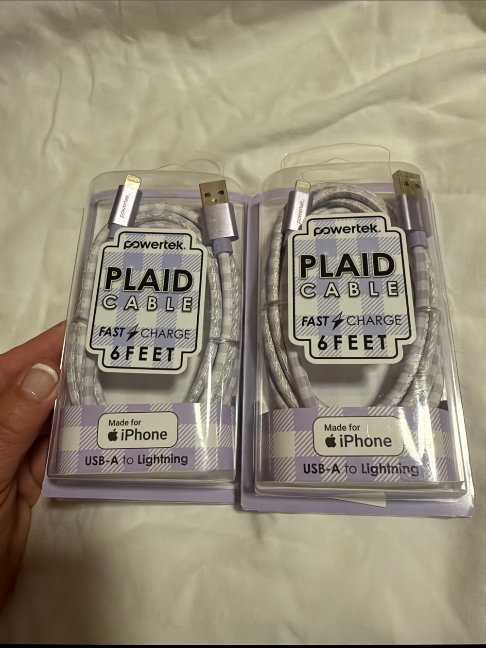 2- Plaid USB-A to Lightning Cable - White/Silver, 6ft